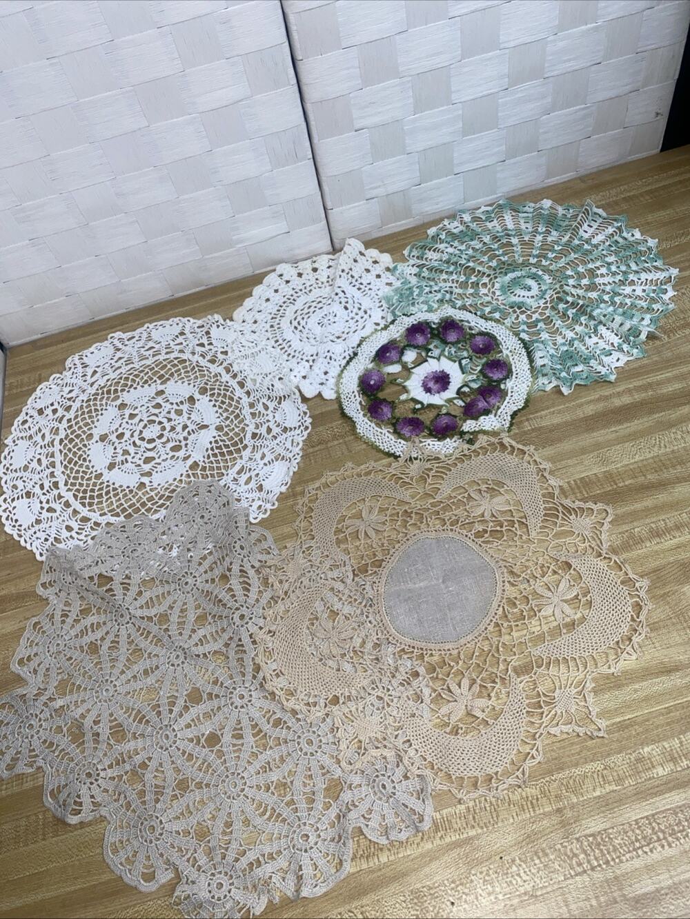 Vintage MCM Handmade Lot Of 6 Crochet Cotton Doilies White & Colorful